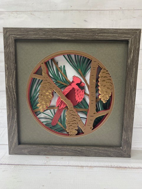 Cardinal in Pine Tree Shadow Box