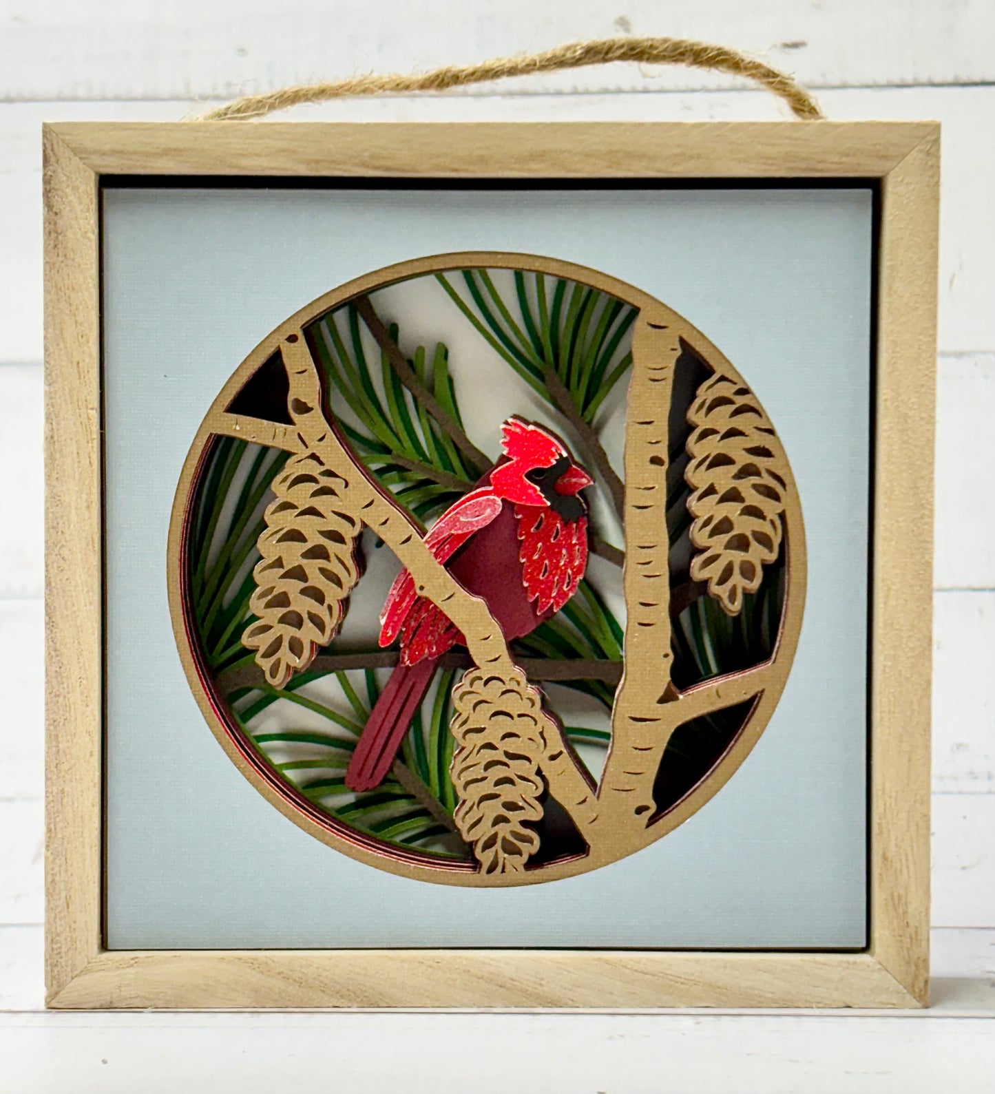 Cardinal in Pine Tree Shadow Box