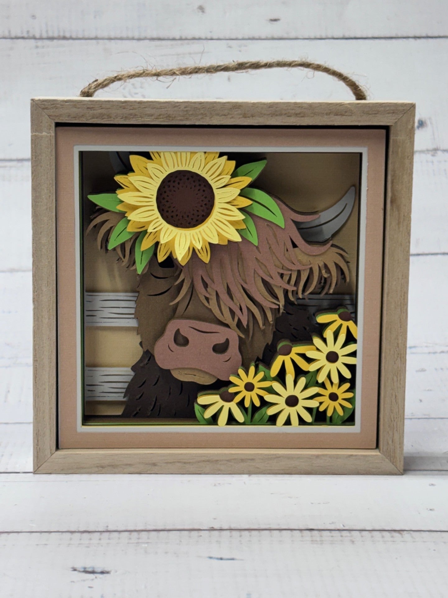 Highland Cow with Sunflower Shadow Box