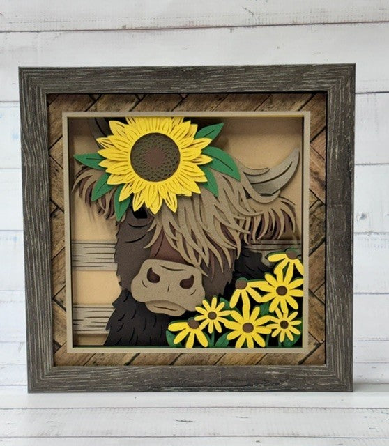 Highland Cow with Sunflower Shadow Box