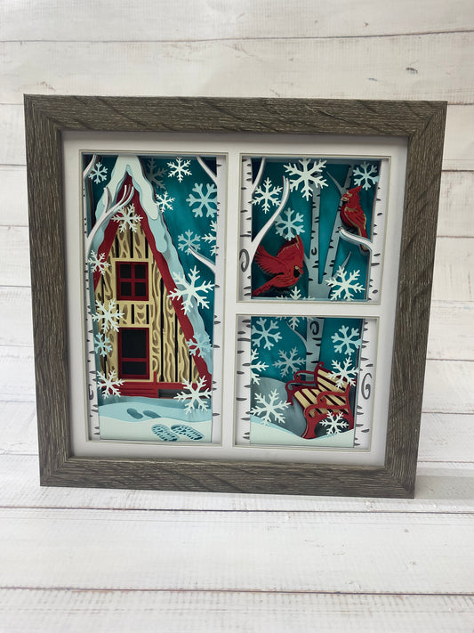 Winter Cabin Cardinal Shadow Box