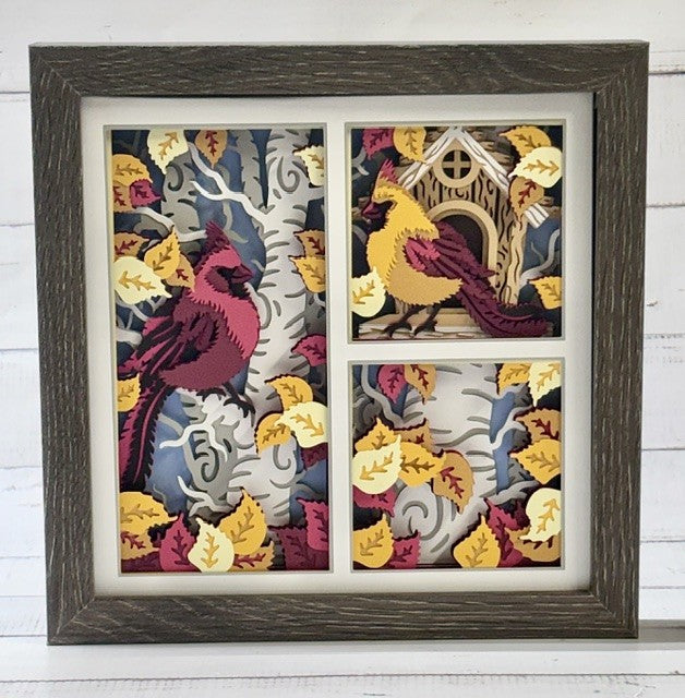 Cardinals in Birch Tree Shadow Box