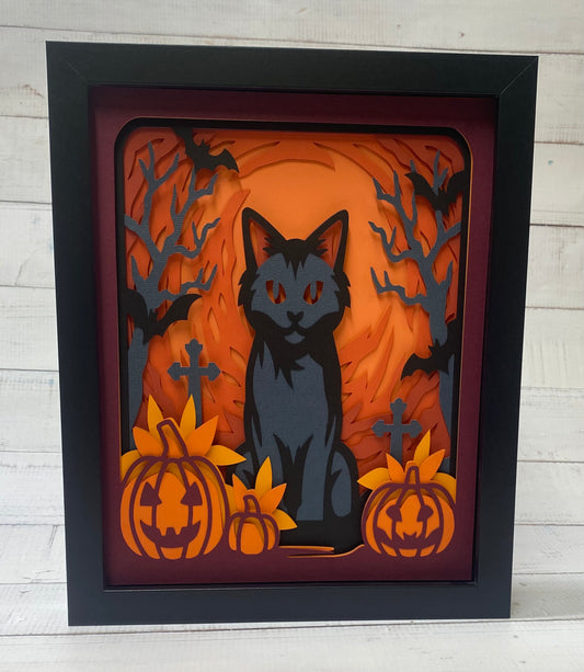 Cat with Pumpkins Shadow Box