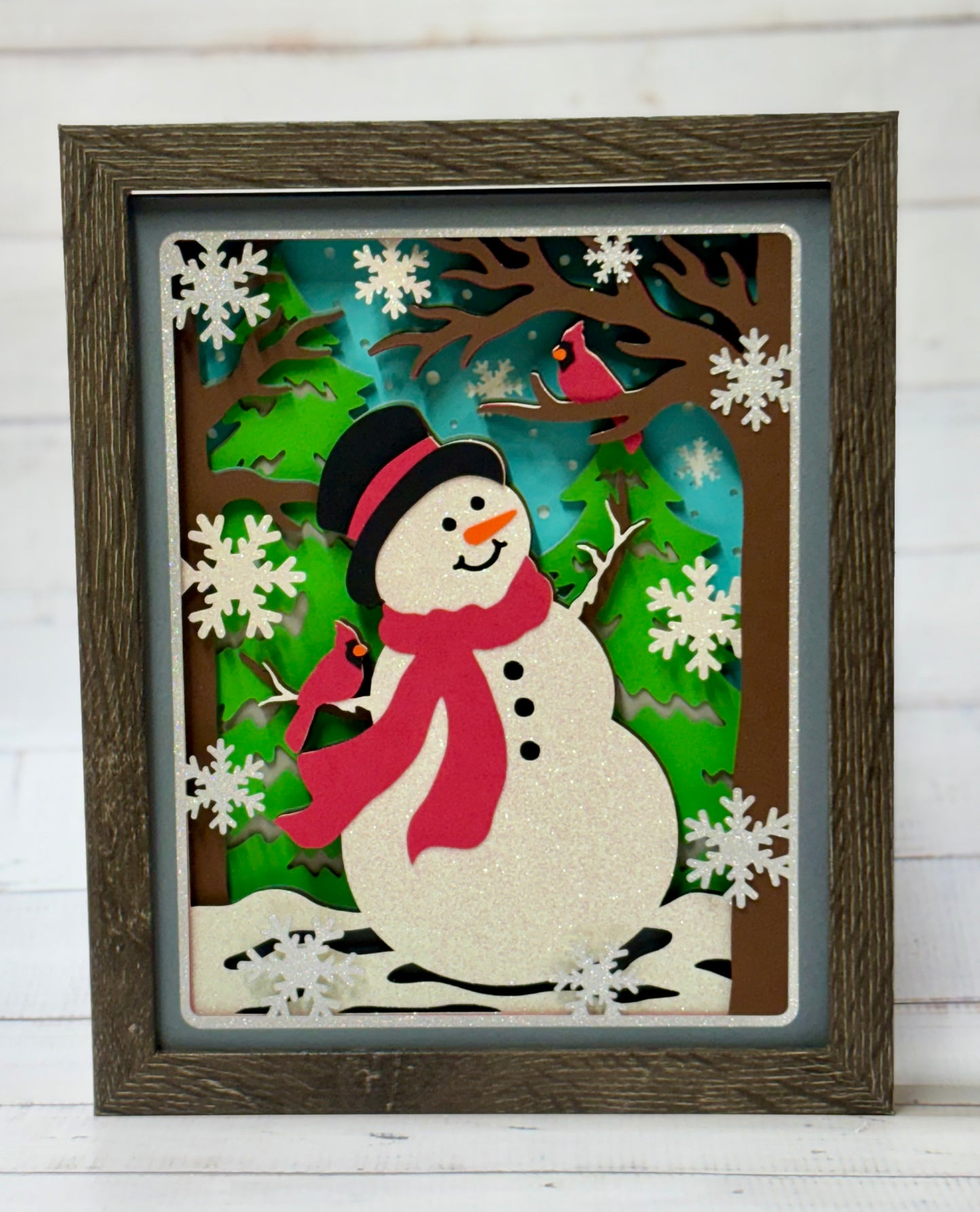 Snowman with Cardinals Shadow Box