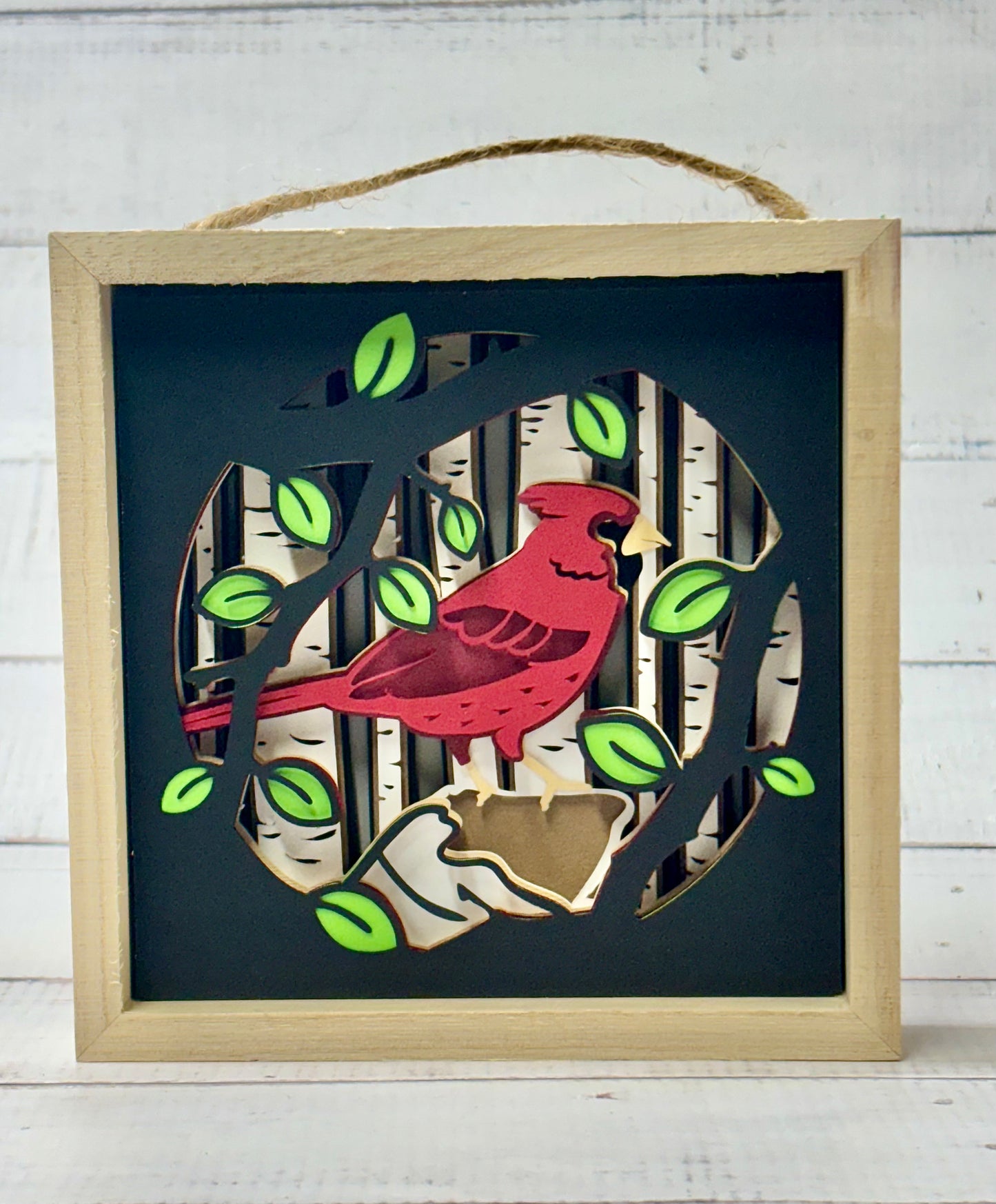 Cardinal in a Birch Tree Shadow Box