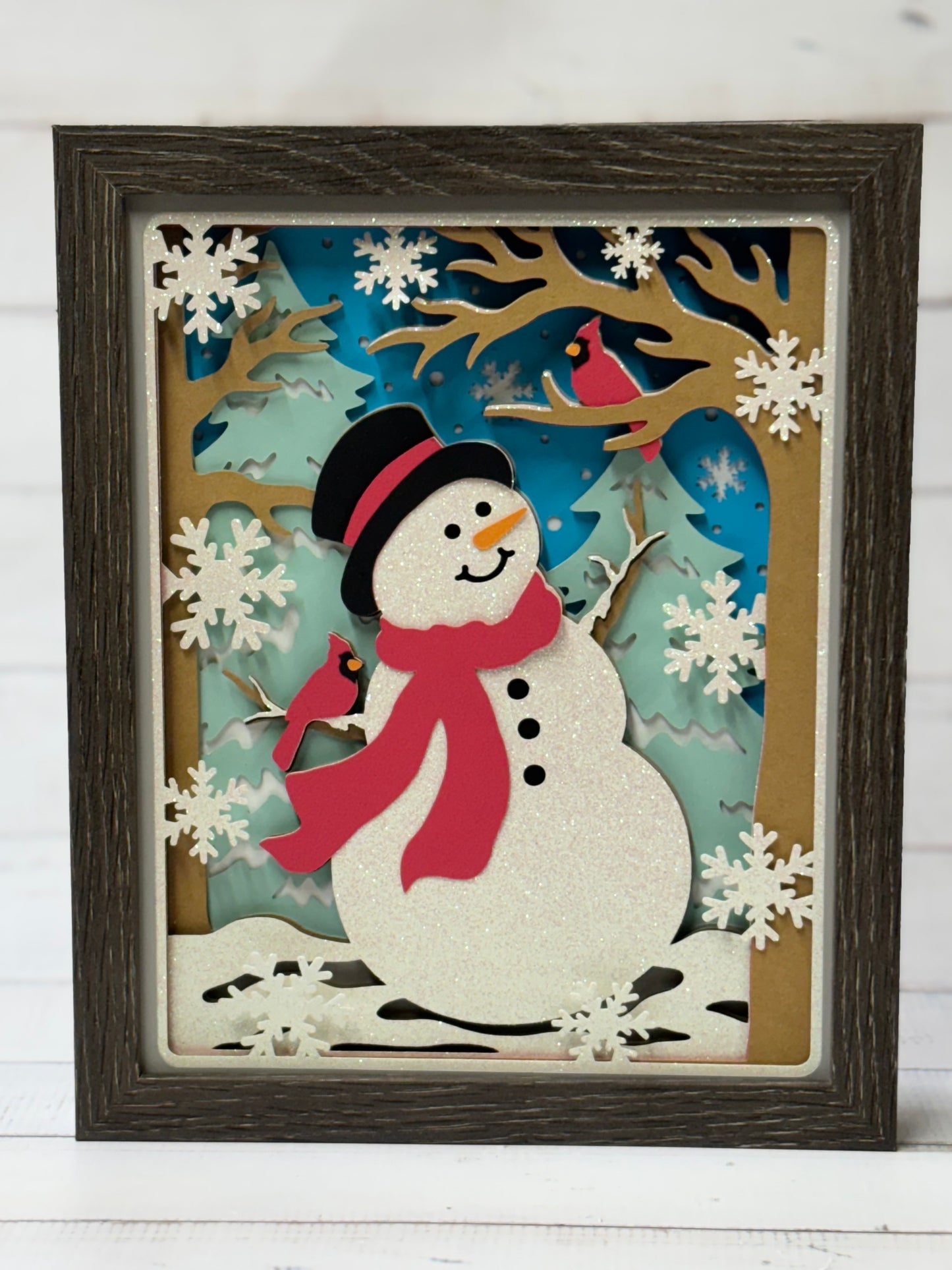 Snowman with Cardinals Shadow Box