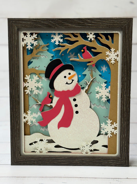 Snowman with Cardinals Shadow Box