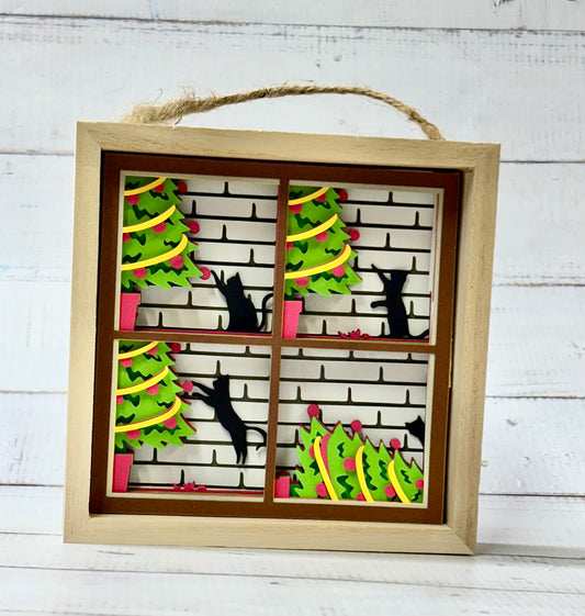 Cat knocking over Christmas Tree Shadow Box
