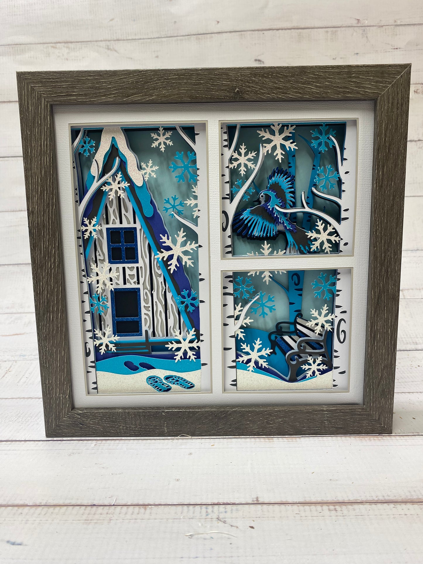 Winter Cabin Blue Jay Shadow Box