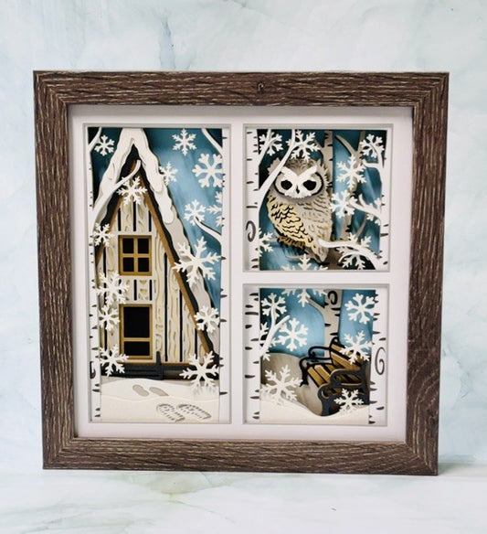 Winter Cabin Owl Shadow Box