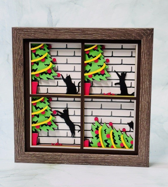 Cat knocking over Christmas Tree Shadow Box