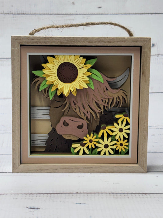 Highland Cow with Sunflower Shadow Box
